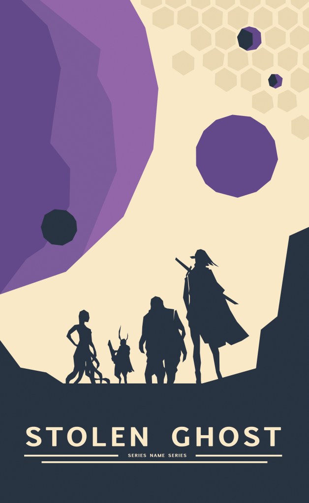 Silhouettes on an alien planet with planetary bodies and artistic hexagons in the sky