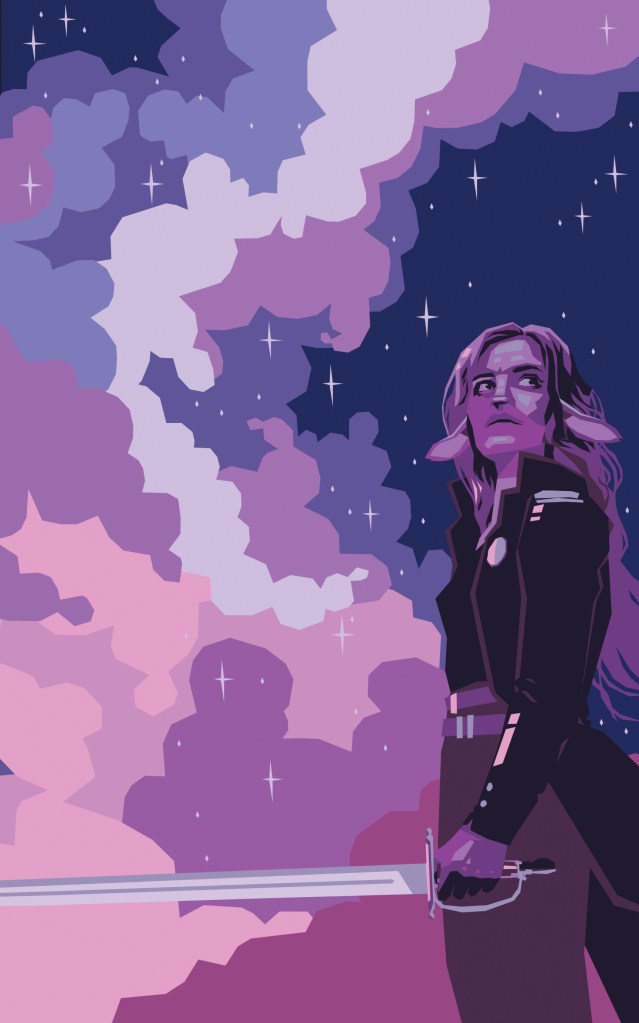 Alien with a sword stands before a nebula (rough concept art)
