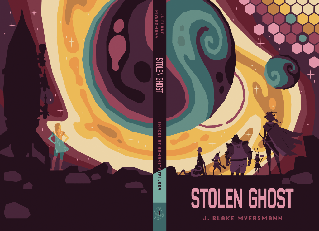 Silhouettes on an alien planet with planetary bodies and artistic hexagons in the sky, ship and ghostly figure opposite